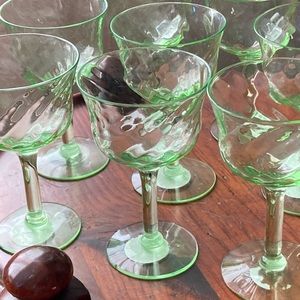 8 green depression uranium glass liquor stems swirl